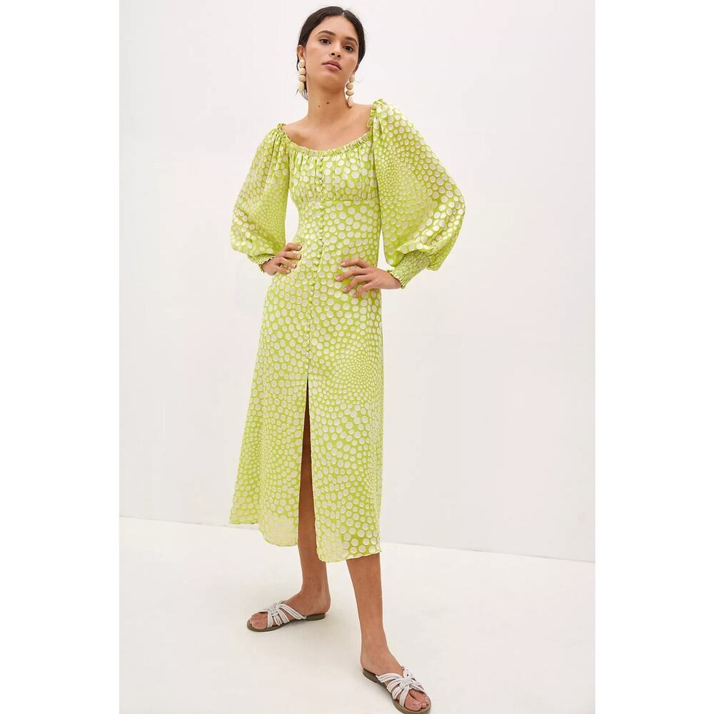 New Anthropologie EXQUISE Meryl Long Sleeve Midi Dress $218 XS Light Green Dot
